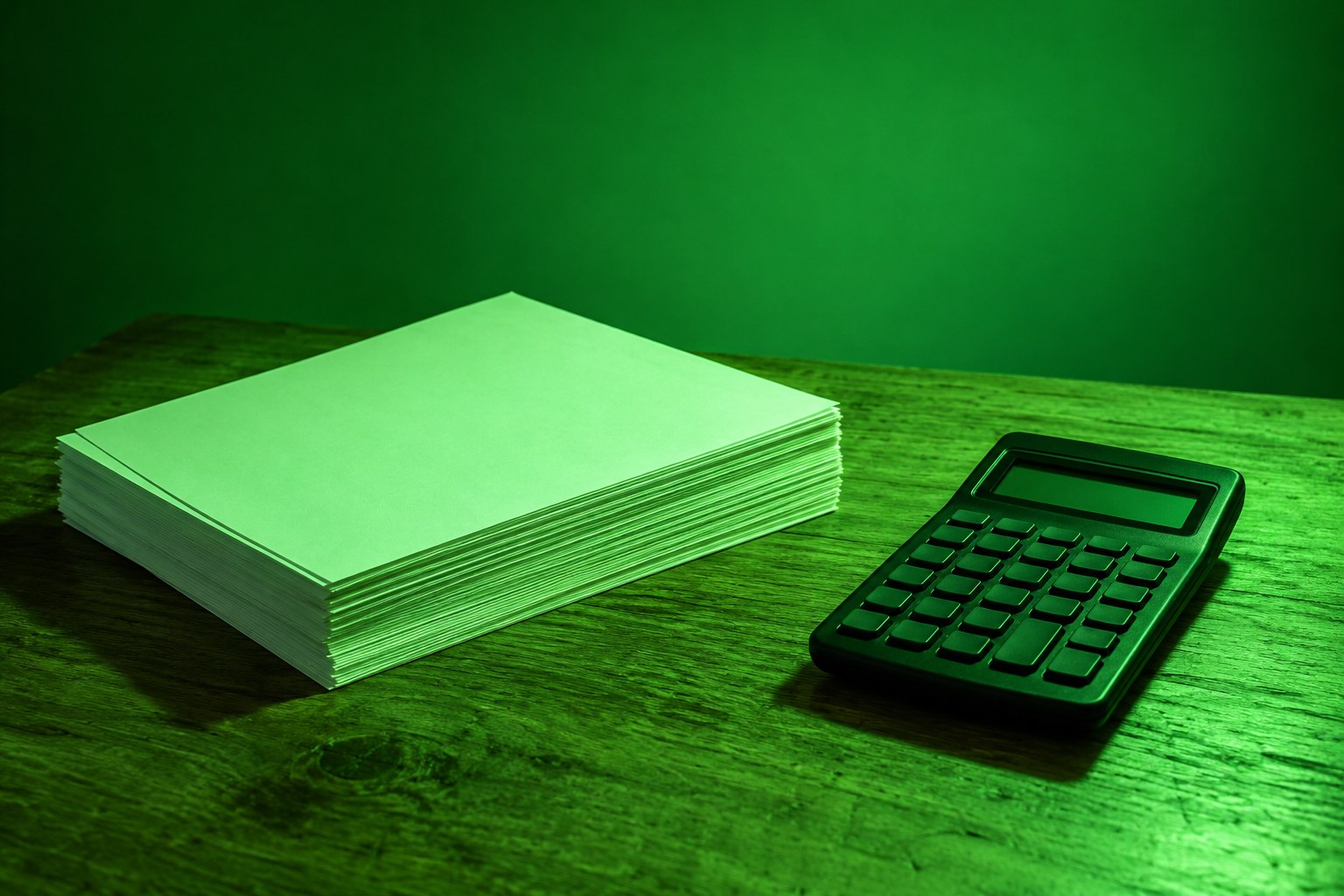A pocket calculator beside a stack of blank paper sheets