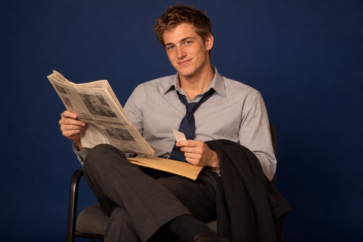 A man sitting on a chair reading a newspaper while he waits, with a document envelope on his lap, studio photograph in the style of 1999 Sydney