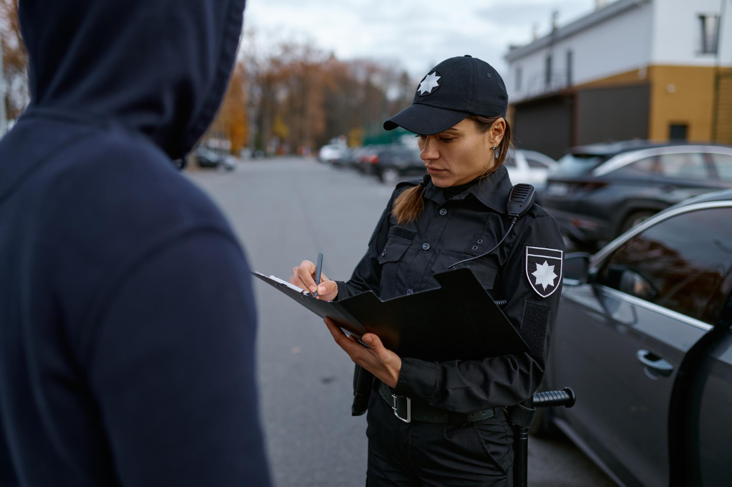 police woman issues a fine to a male cyclist