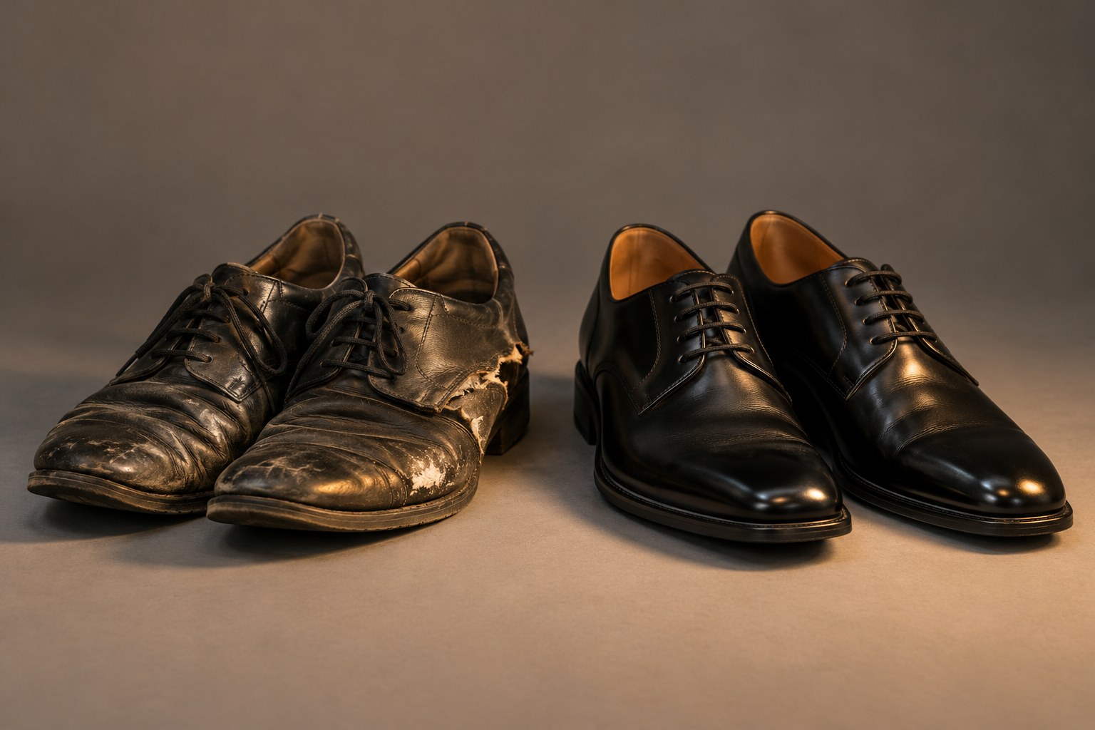 A worn, creased pair of leather shoes beside a gleaming new pair, studio photograph in the style of 1999 Sydney