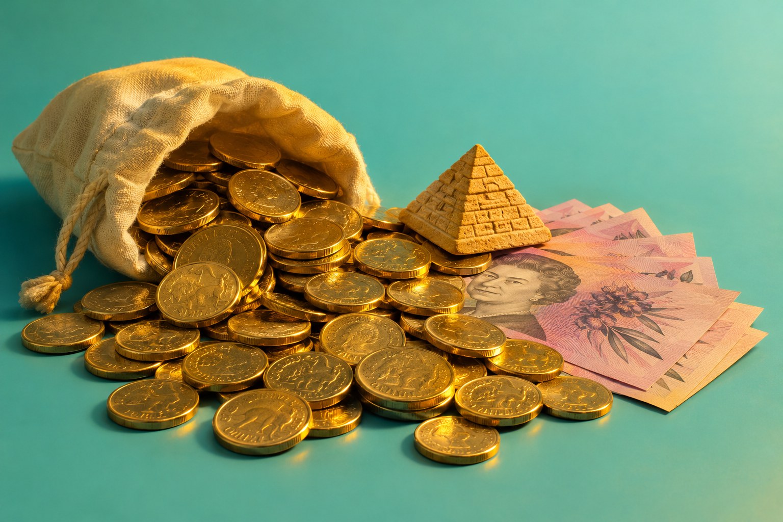 Gold coins and bank notes with a small pyramid figurine, studio photograph in the style of 1999 Sydney