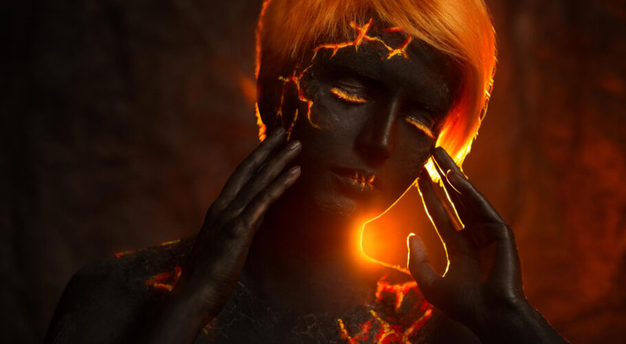 portrait beautiful woman with body painting volcano