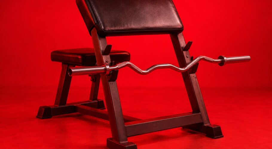A black padded preacher curl bench with a curl bar.