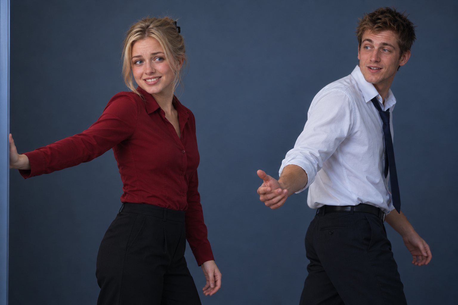 Two office workers heading off together, one holding a door and one calling back, studio photograph in the style of 1999 Sydney