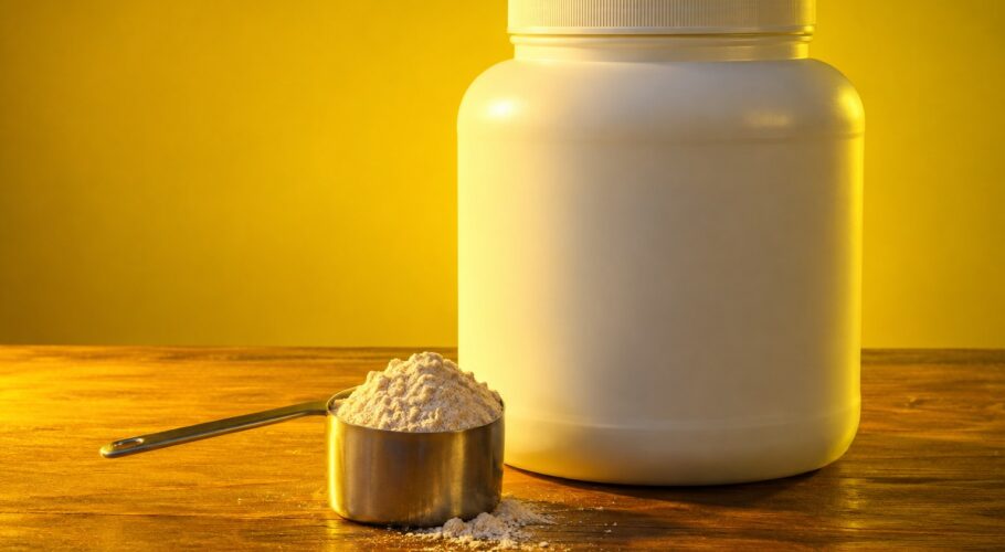 A plain white tub of protein powder with a metal scoop on a wooden bench in yellow light