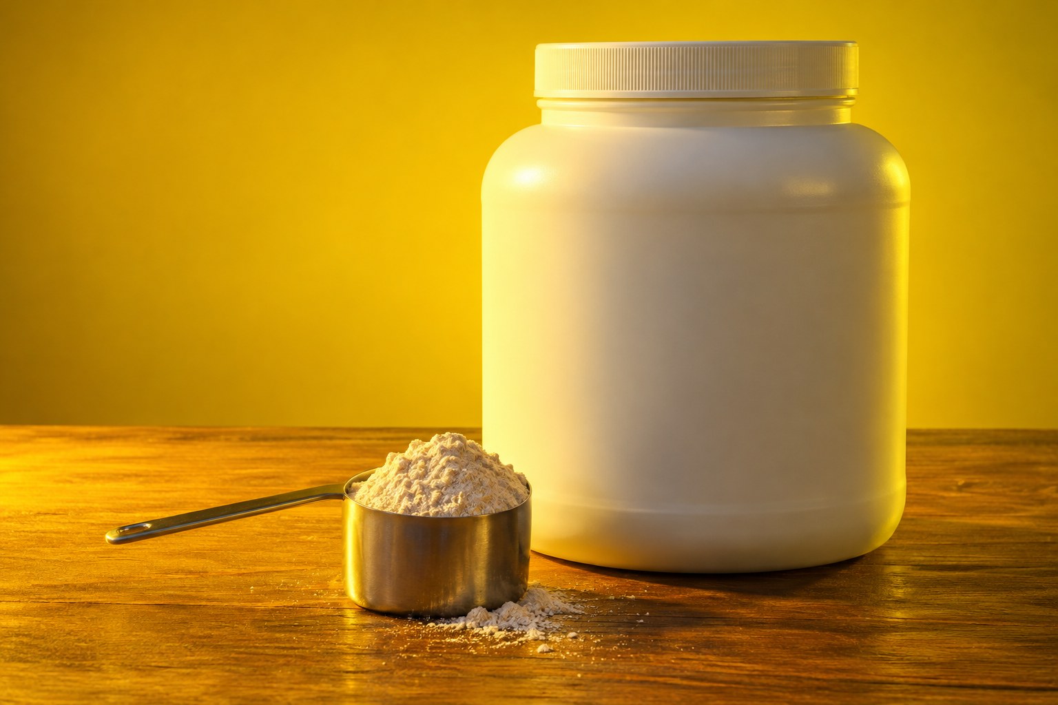 A plain white tub of protein powder with a metal scoop on a wooden bench in yellow light
