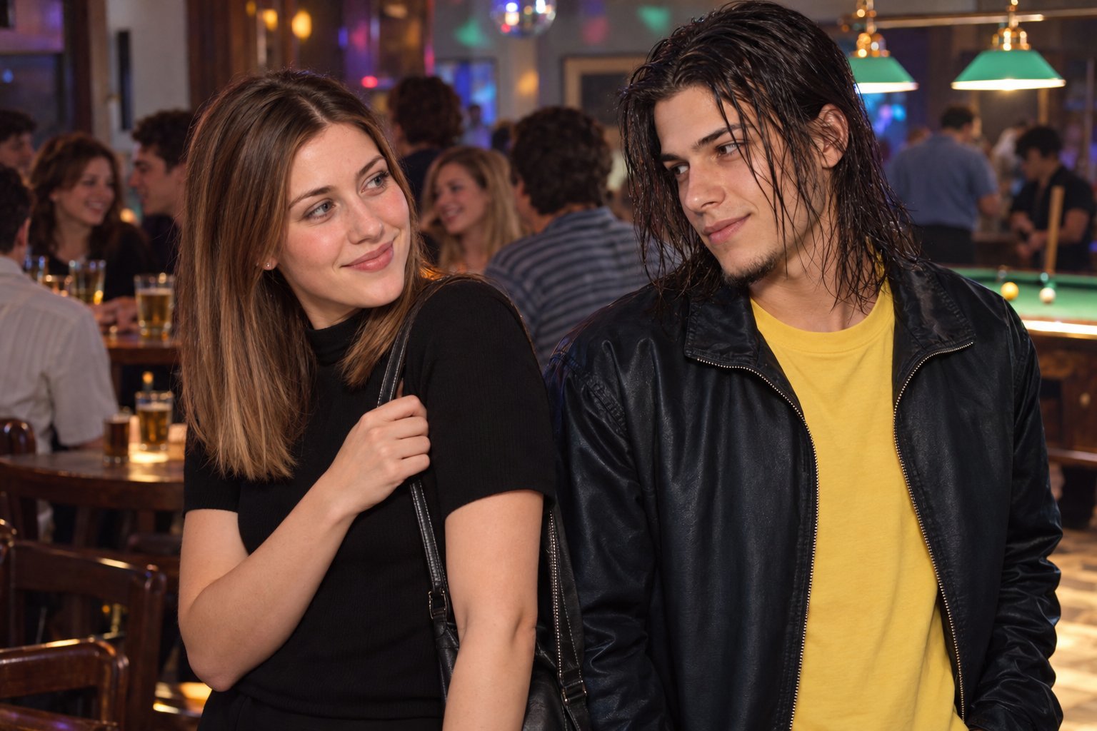 A young woman in a black top turns to say goodbye to a young man in a crowded 1990s pub with disco lights.
