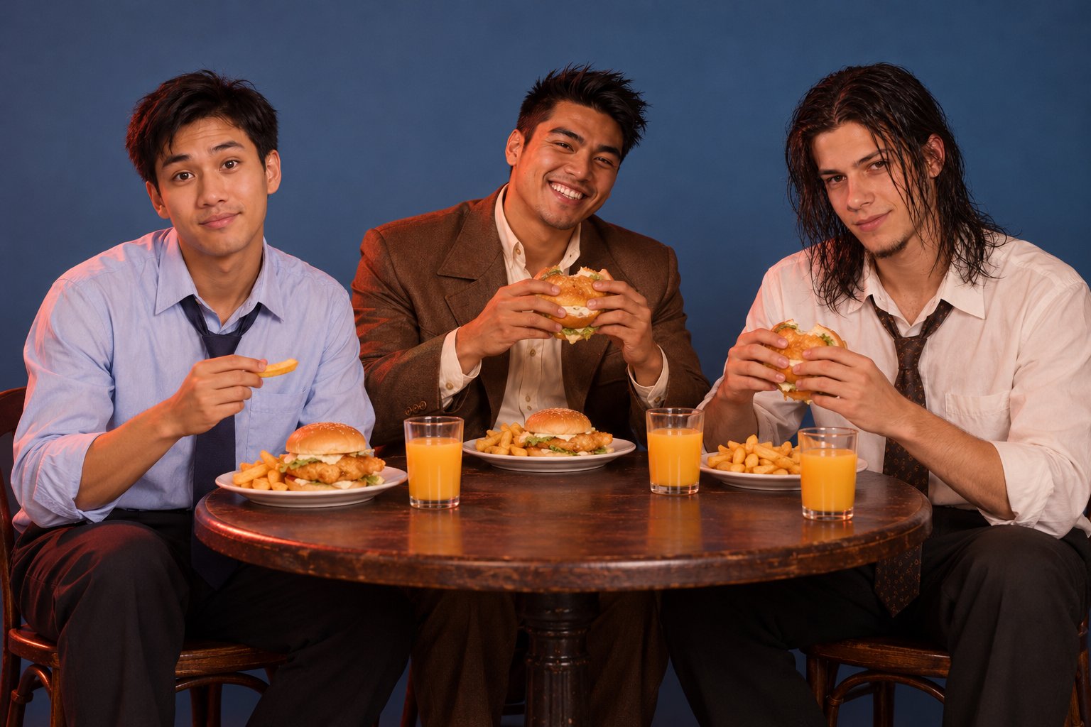 Three people eating fish burgers and chips with orange juice at a round table in a 1990s city pub.