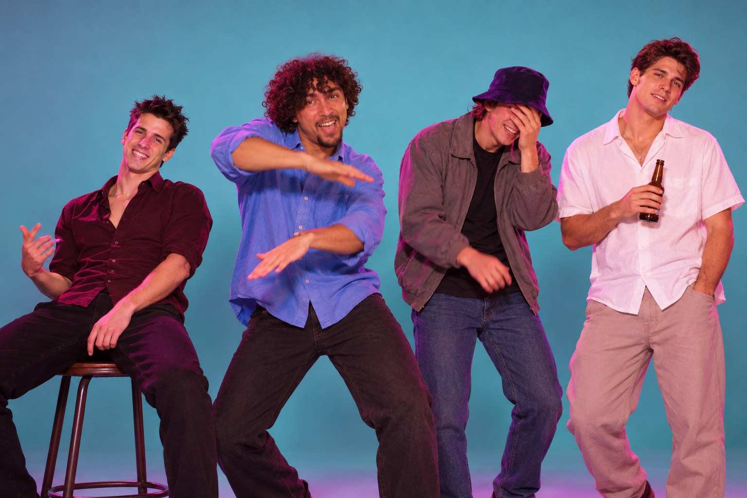 Four young men in a nightclub style pose, one leaning back, one dancing and one holding a bottle, studio photograph in the style of 1999 Sydney