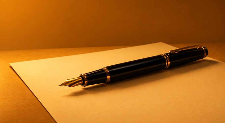 a black fountain pen with a gold nib lying on a sheet of blank cream paper photographed in a studio