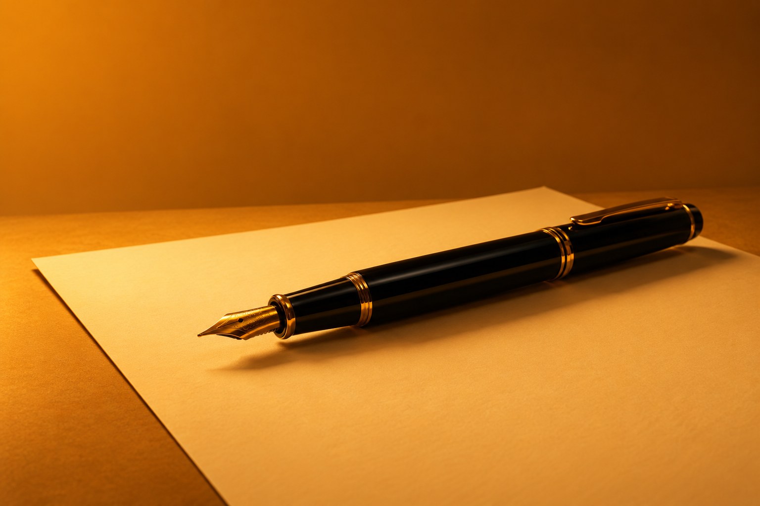 a black fountain pen with a gold nib lying on a sheet of blank cream paper photographed in a studio