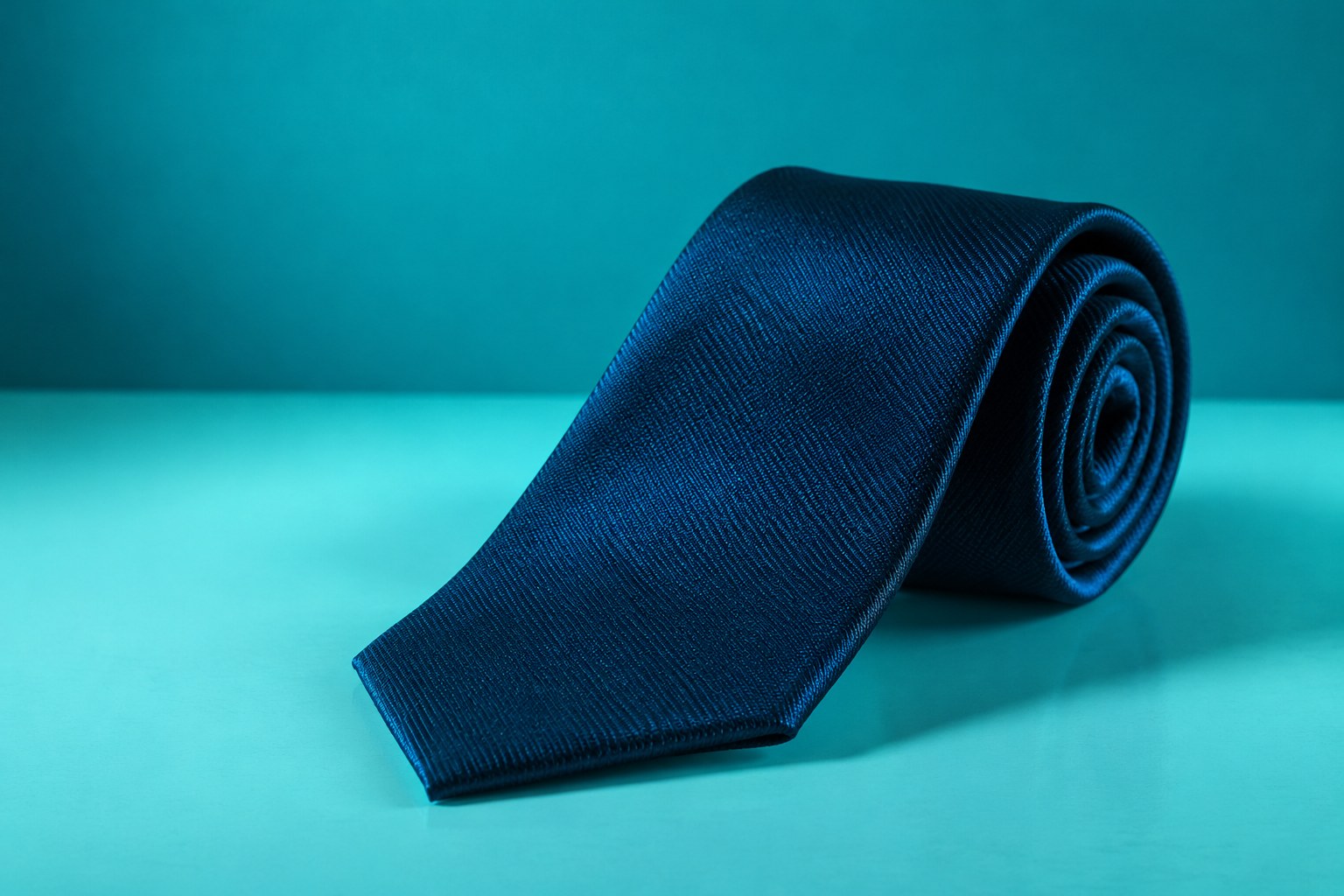 a dark blue necktie coiled on a white desk photographed in a studio