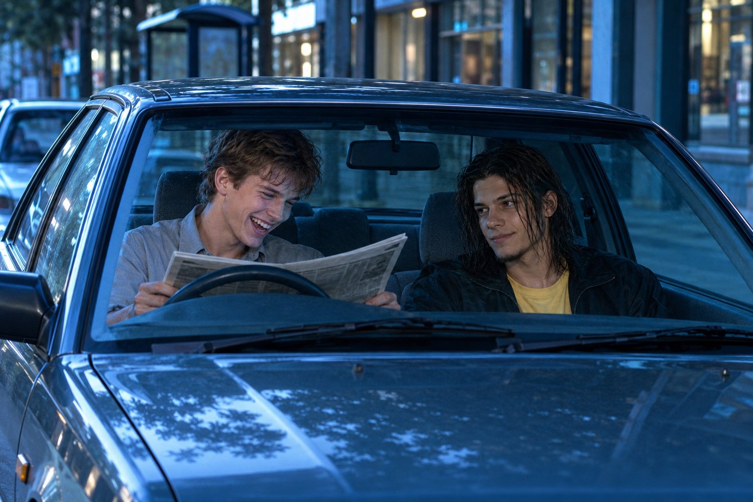 A young man reads a newspaper behind the wheel of a parked sedan on a busy street while a friend sits beside him, 1990s Australia.