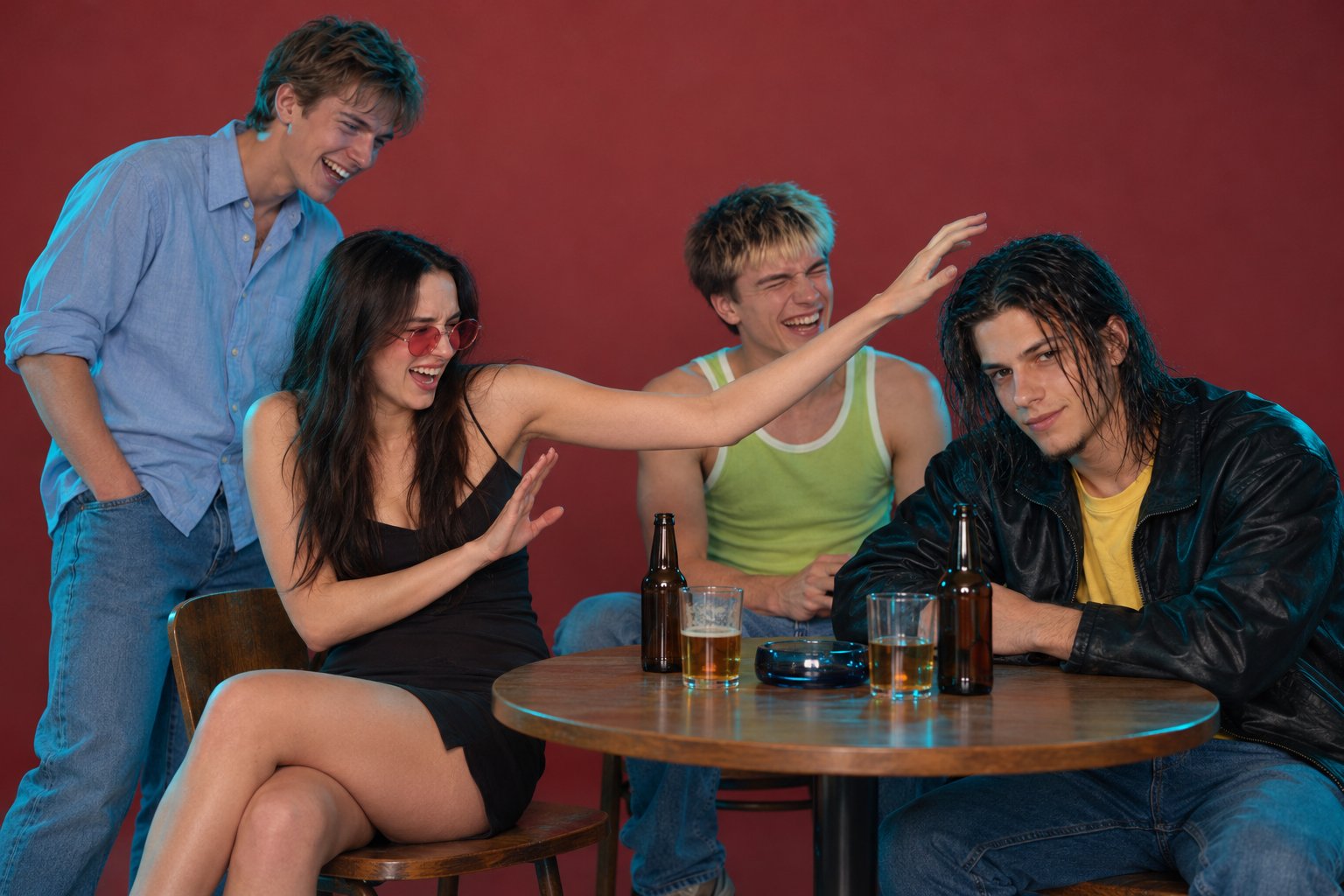 A young woman recoils from a young man's slicked back hair as friends laugh around a table, 1990s Sydney.