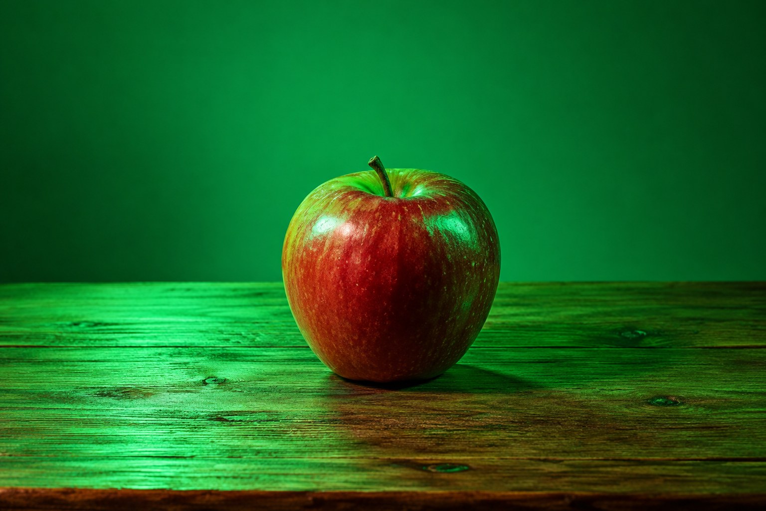 A single red apple sitting on a wooden table in green light