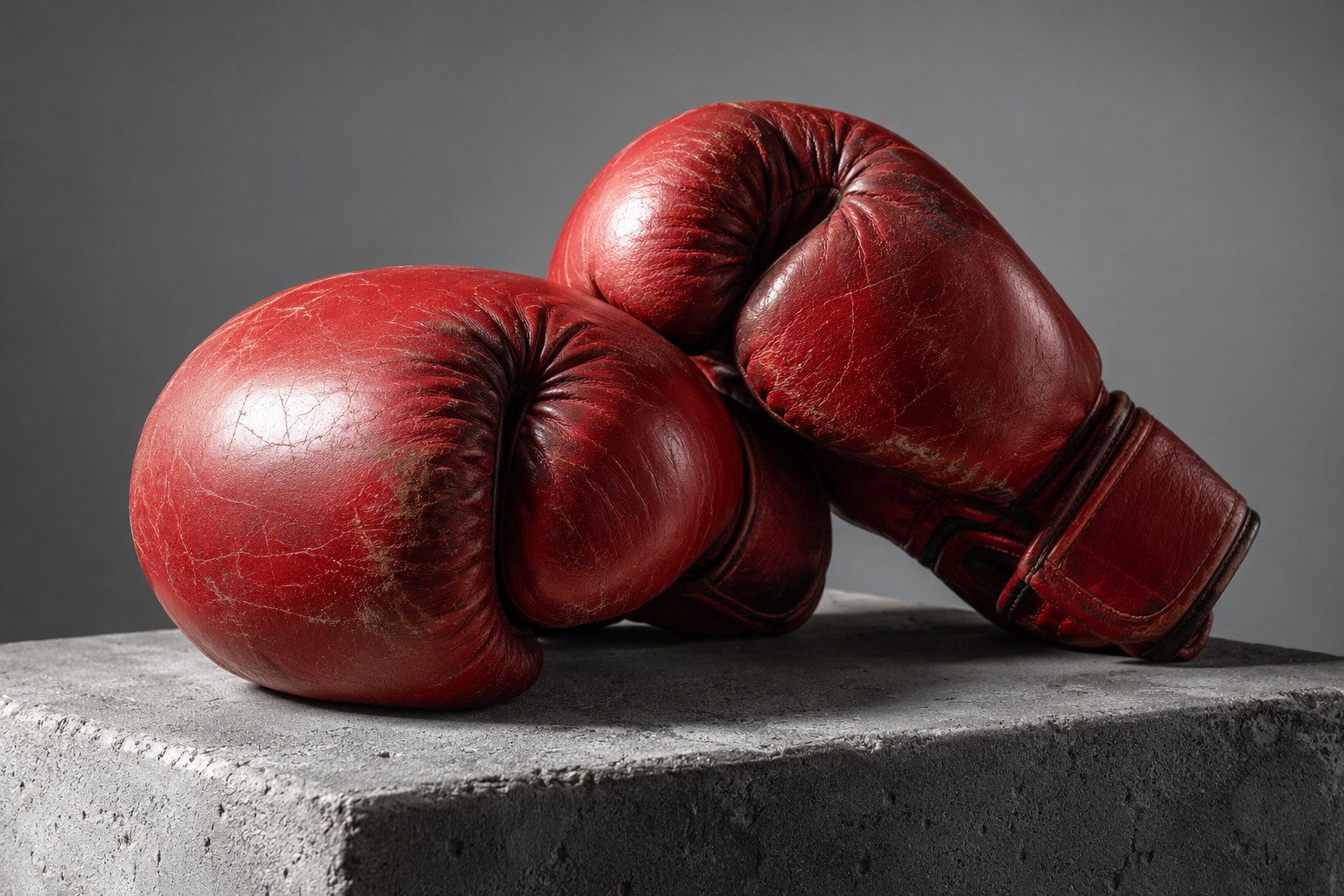A pair of worn red boxing gloves on a concrete block