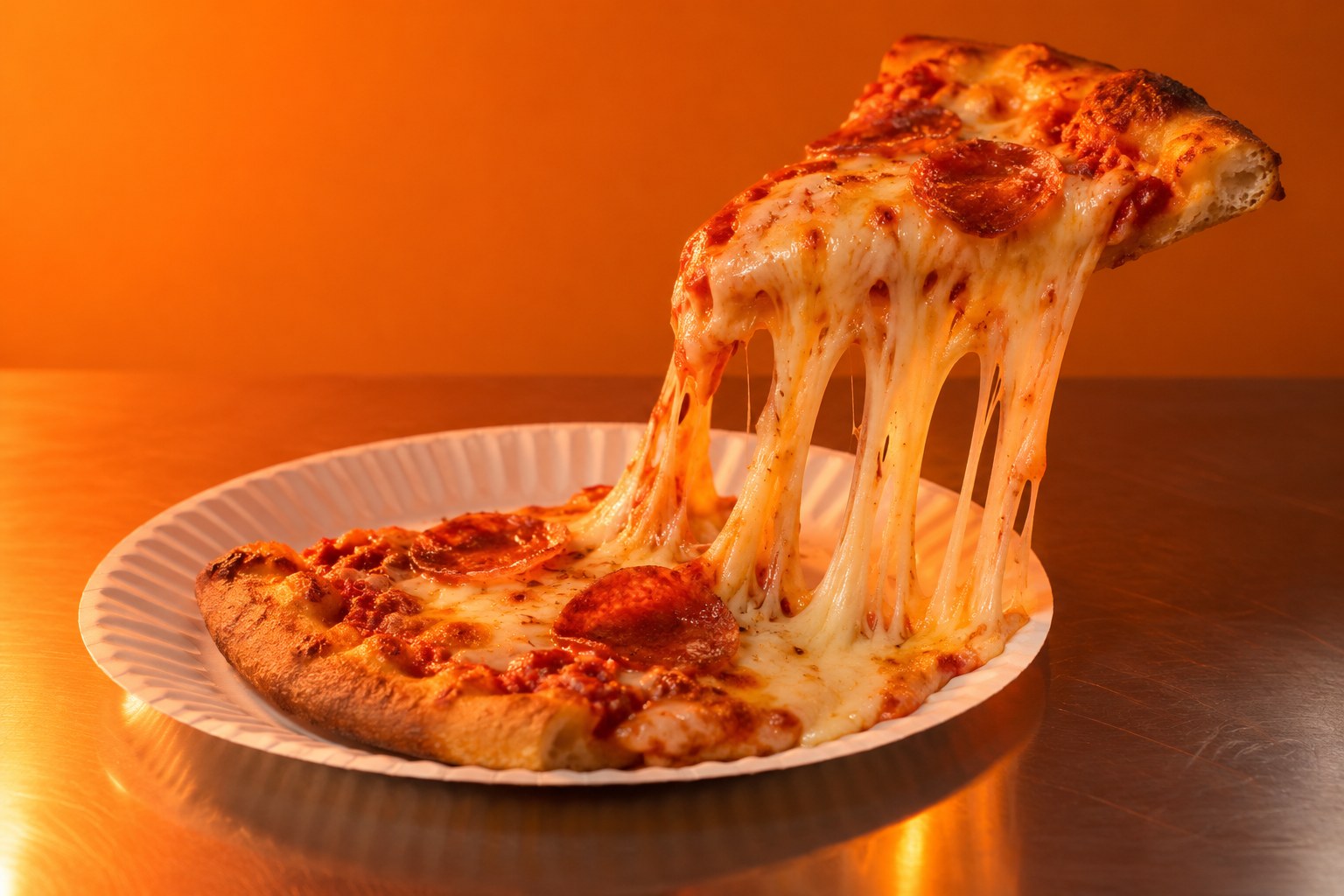 A closed red cardboard pizza delivery box resting on a wooden table in warm orange light
