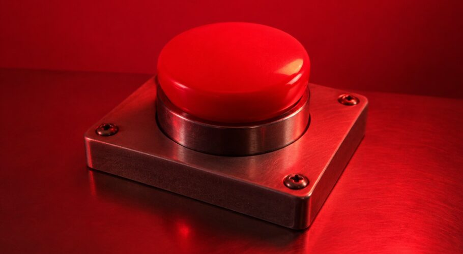 A large red push button on a grey metal panel in red light