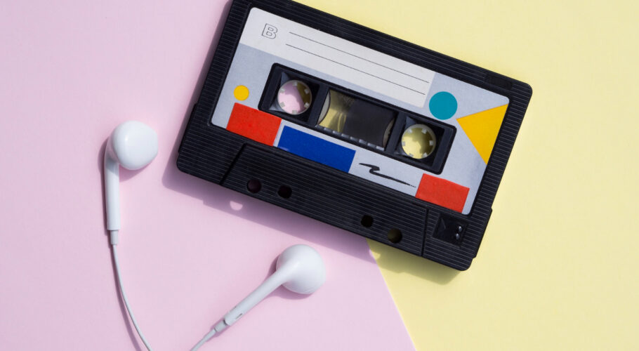 retro cassette tape on colorful background