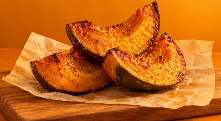 Three roasted pumpkin wedges on greaseproof paper, a hungry snack after a long train trip.