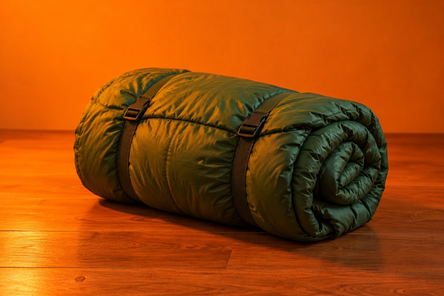 A rolled green sleeping bag on a wooden floor in orange light
