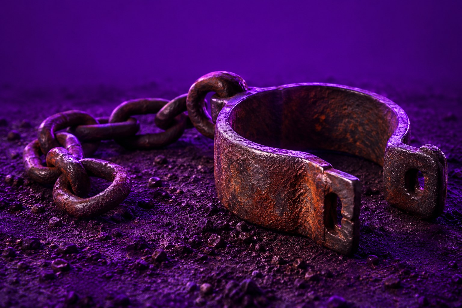 A rusted iron shackle and chain lying on dark soil