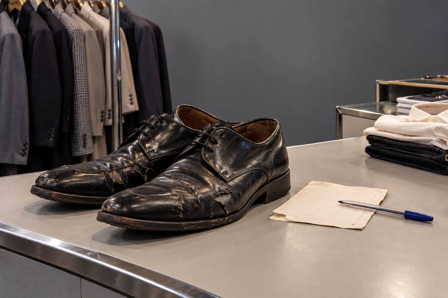 A scuffed pair of black leather shoes with a handwritten credit slip and pen on a shop counter in 1990s Australia.