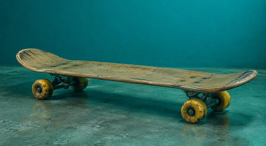 A scuffed plain skateboard lying on concrete, left over from a wild beachside hill run.
