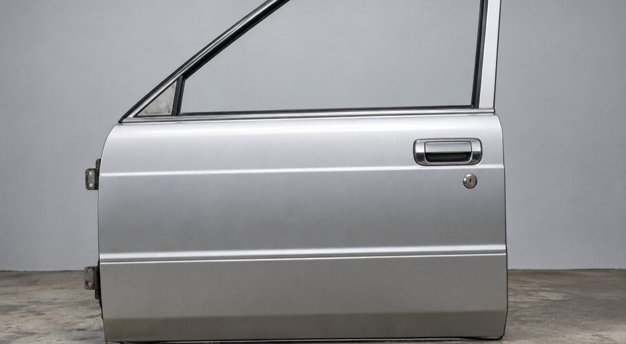 A silver sedan door panel with a chrome pull handle and small lock barrel.
