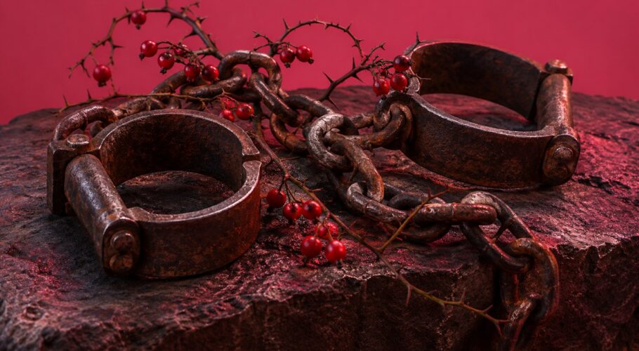 Iron shackles entwined with thorny brier stems