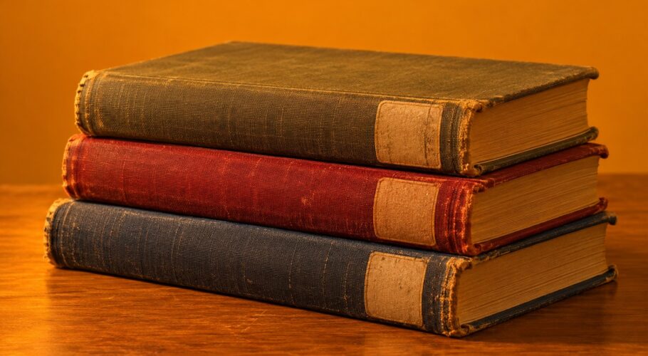 Stack of three old library books