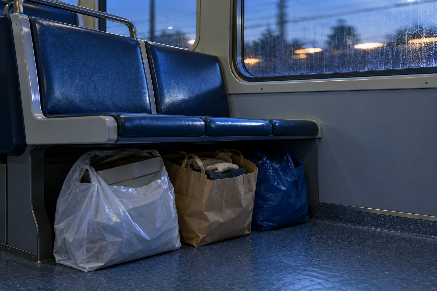 Three full shopping bags tucked under a blue train seat with a shoe box peeking out, 1990s Australia.