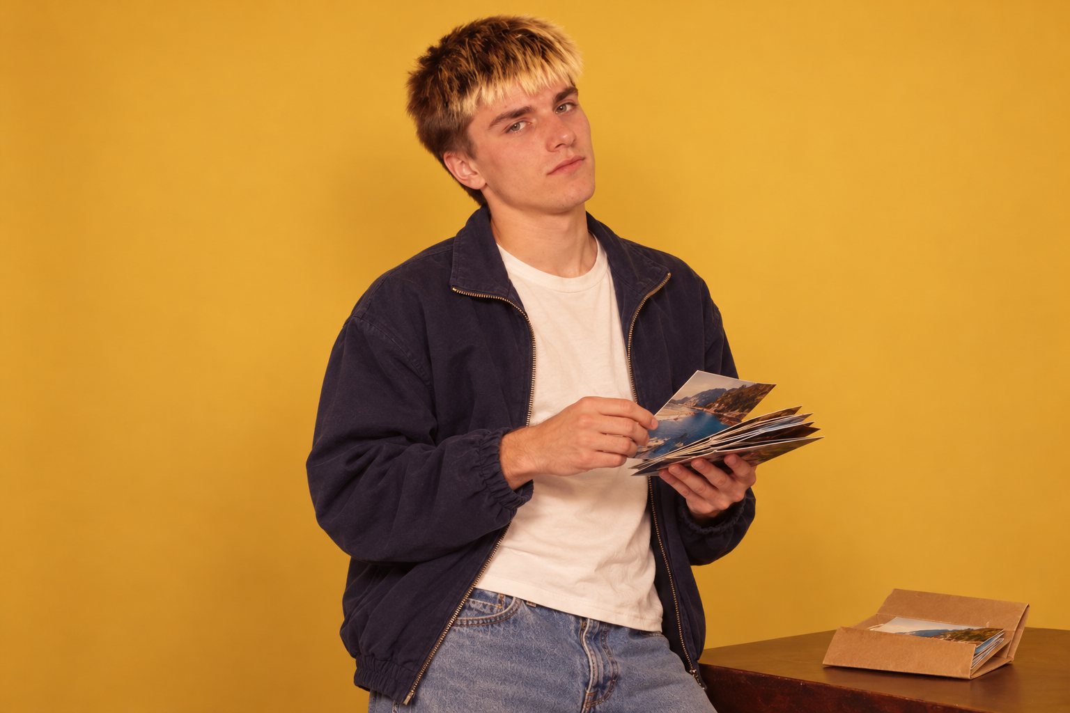 A young man casually flicking through a handful of printed photographs, studio photograph in the style of 1999 Sydney
