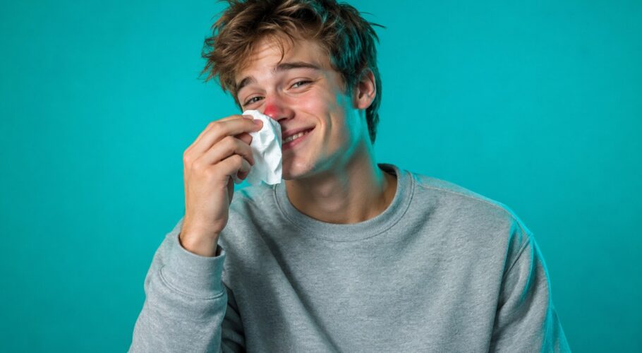 Young man in a grey sweatshirt holding a tissue to his red nose, teal studio light