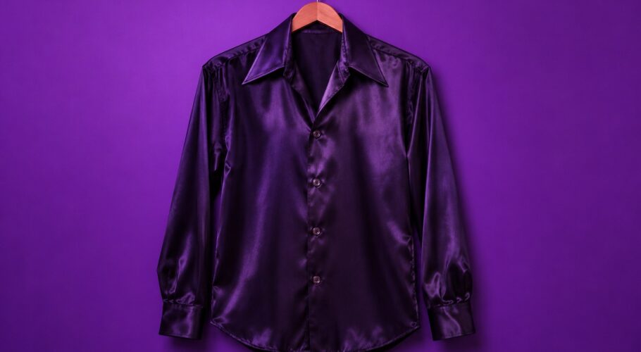 A glossy silk four-button shirt hanging on a wooden hanger.