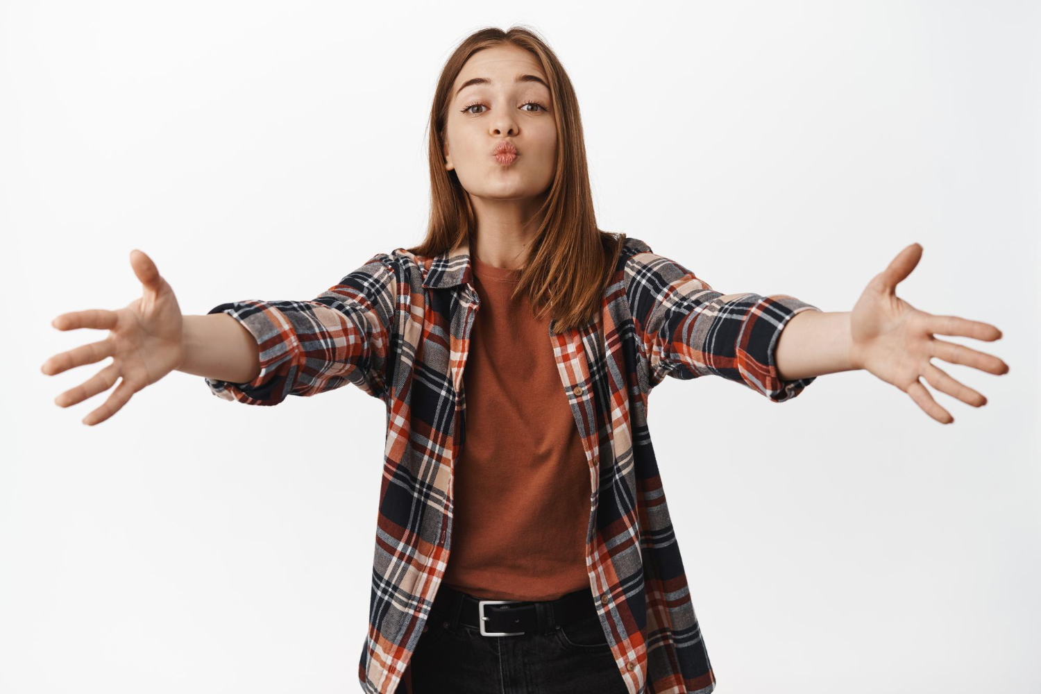 silly cute girl reaching kiss hugs stretching out hands pucker lips