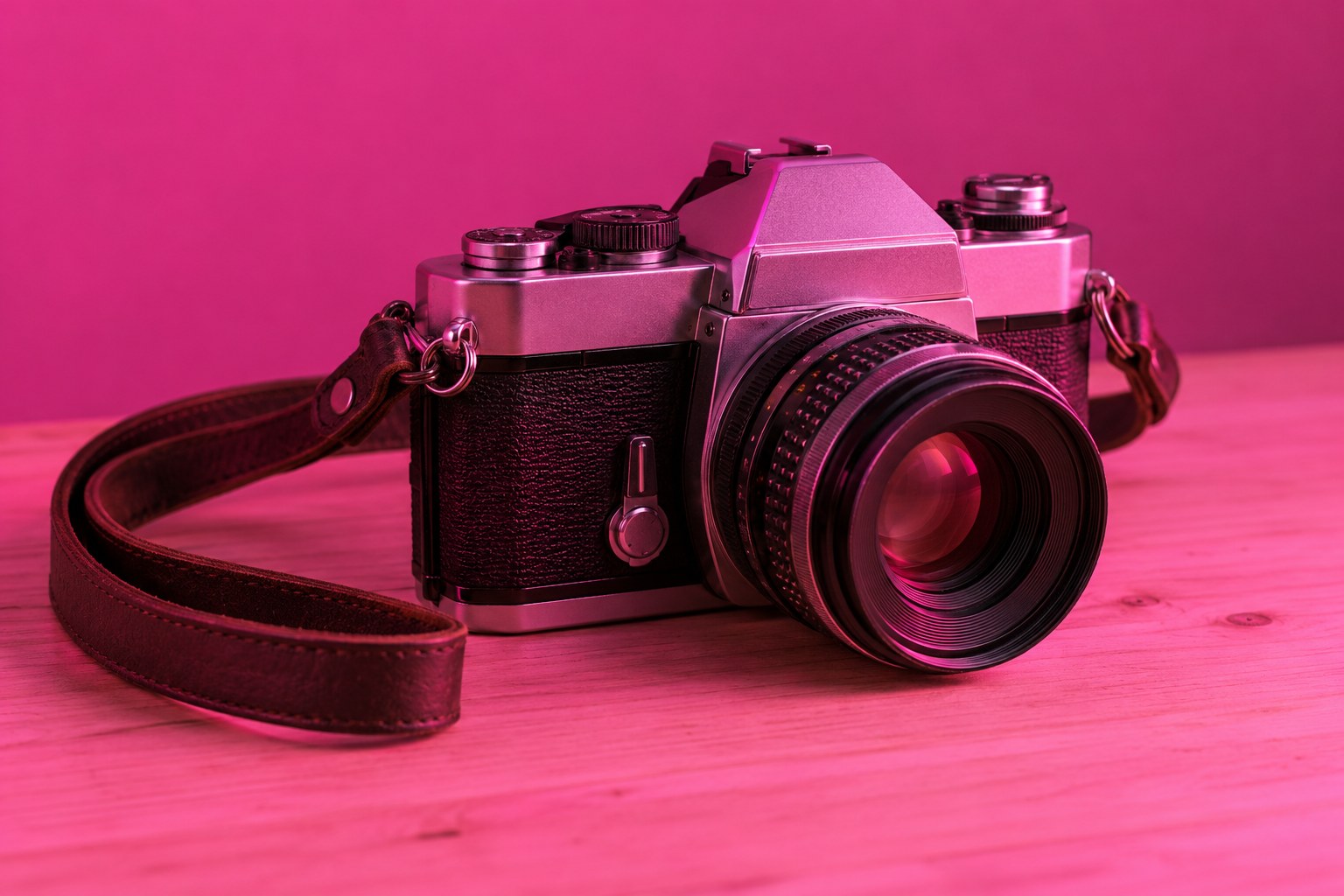 A silver 35mm film camera with a leather strap on a wooden table under pink light