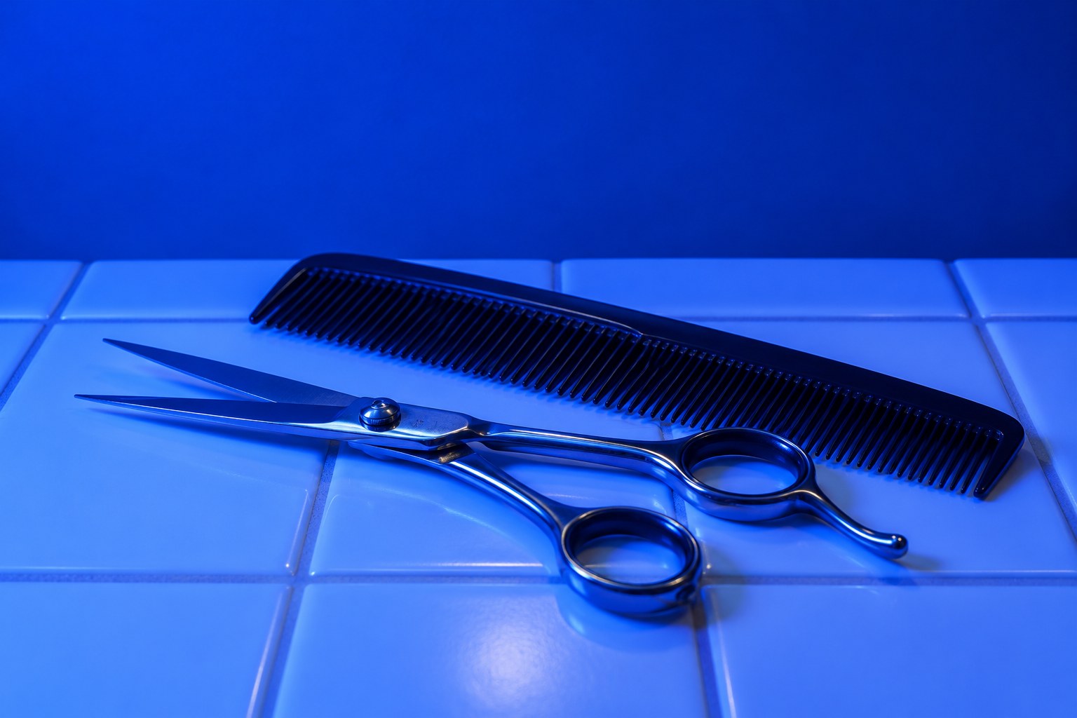 Silver barber scissors and a black comb on a white tiled surface