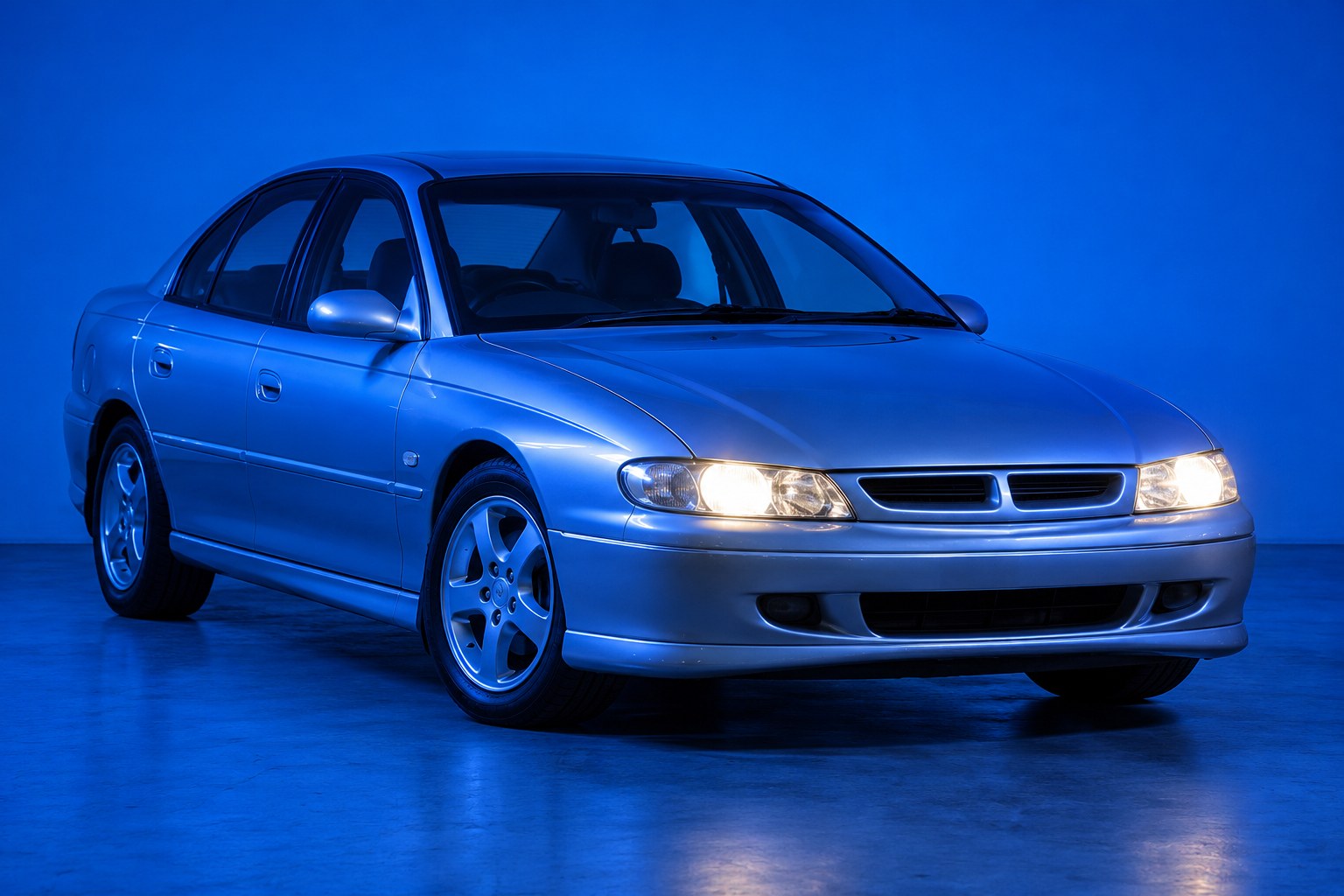 A silver late 1990s Australian sedan parked at an angle with headlights on, under blue light