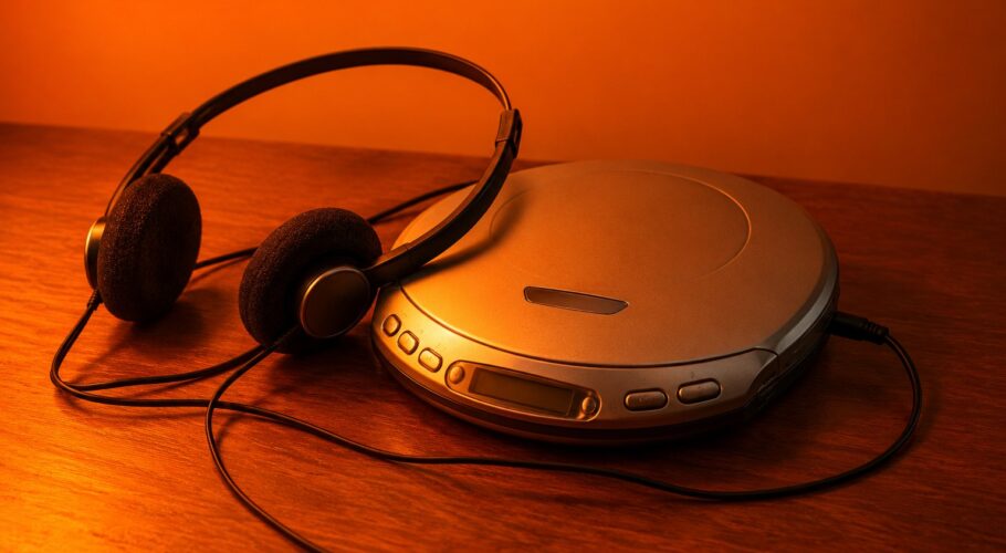 A silver portable CD player with foam headphones on a wooden table