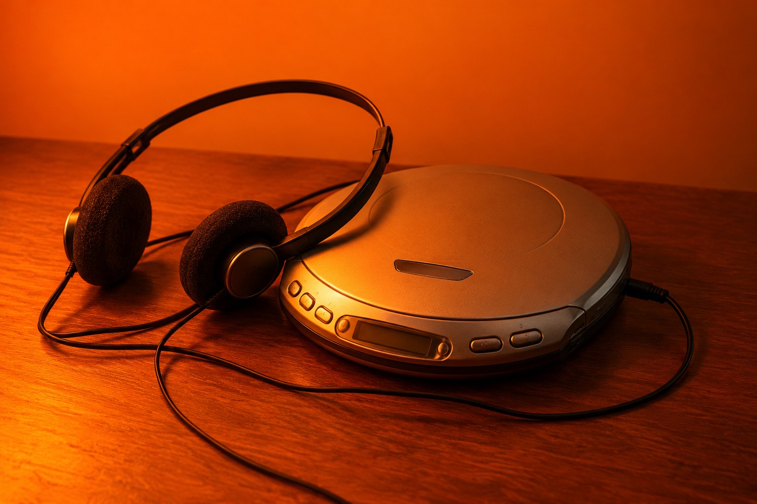 A silver portable CD player with foam headphones on a wooden table