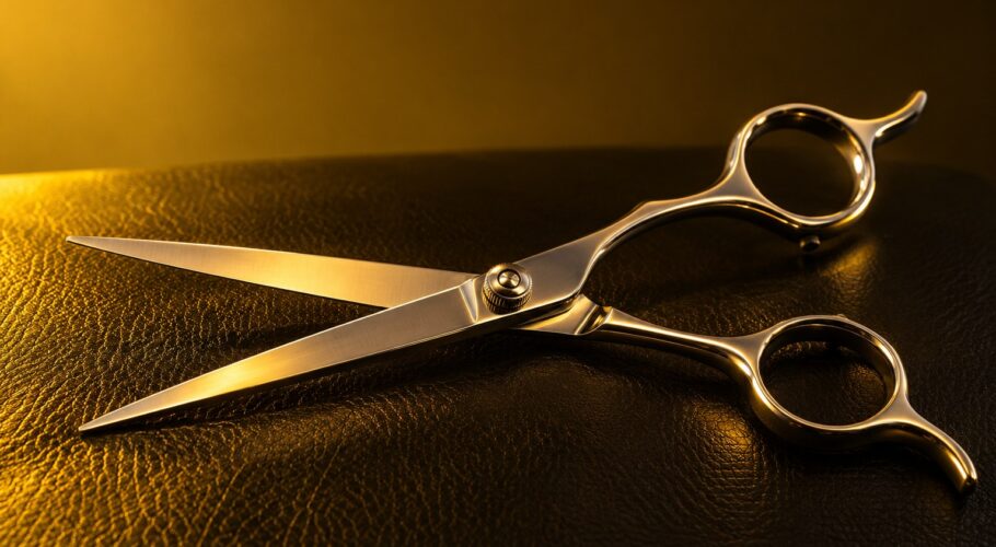 Open silver hairdressing scissors on black leather under yellow light