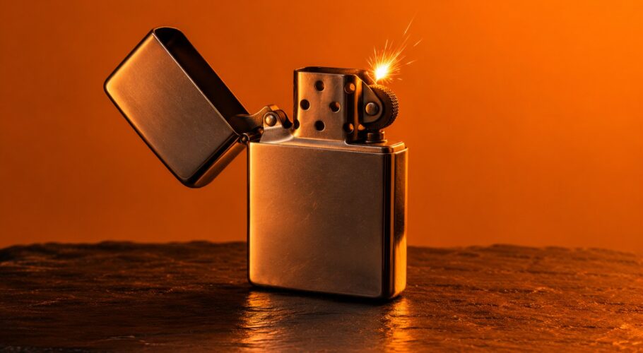 A silver lighter throwing a single spark on a black slate surface under orange light