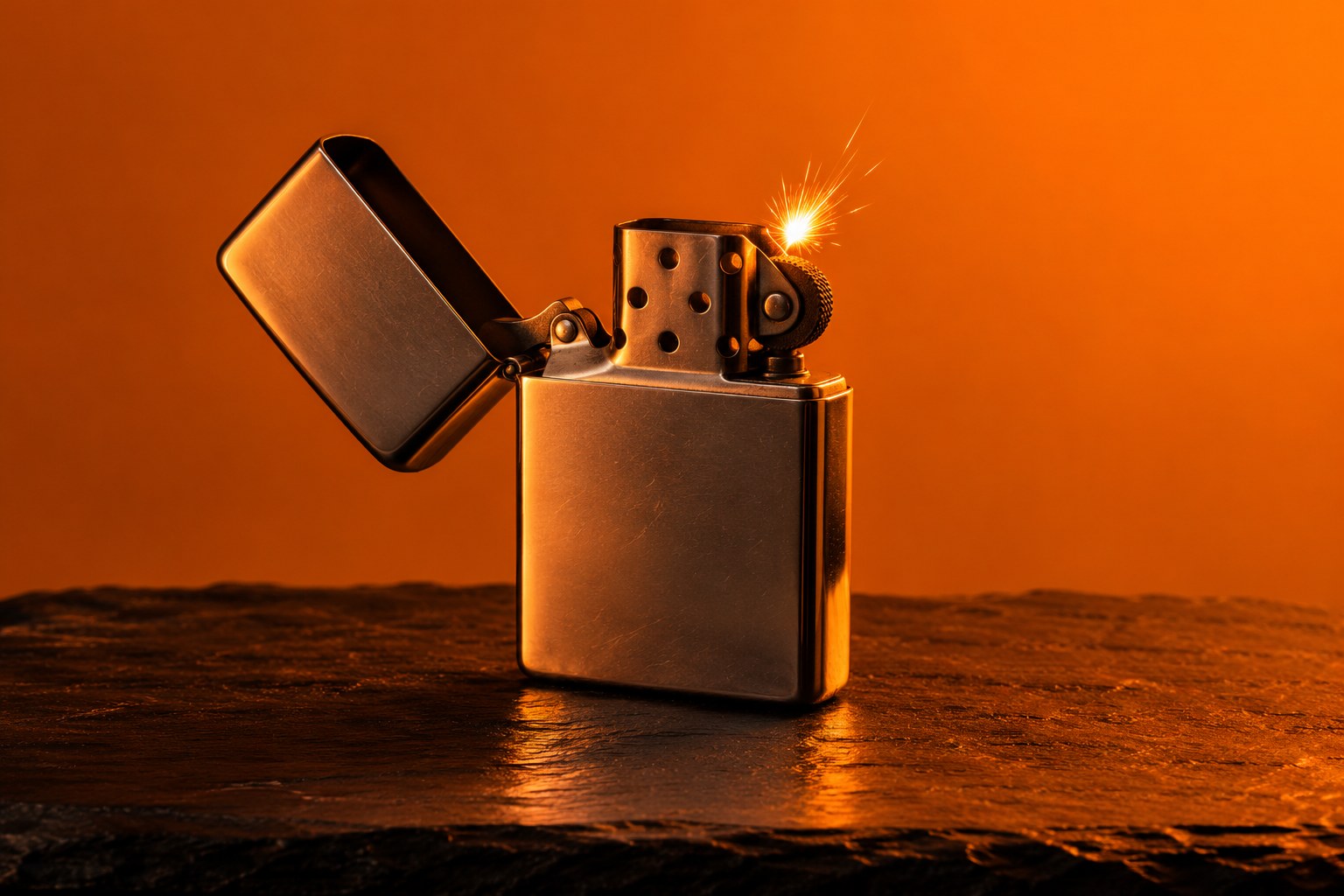 A silver lighter throwing a single spark on a black slate surface under orange light