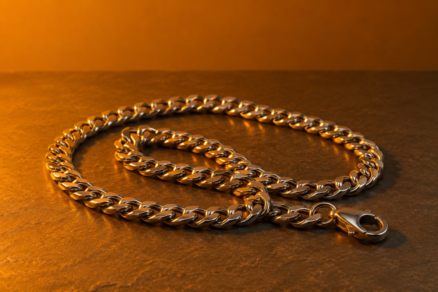 A silver neck chain coiled on a grey slate surface under warm amber light