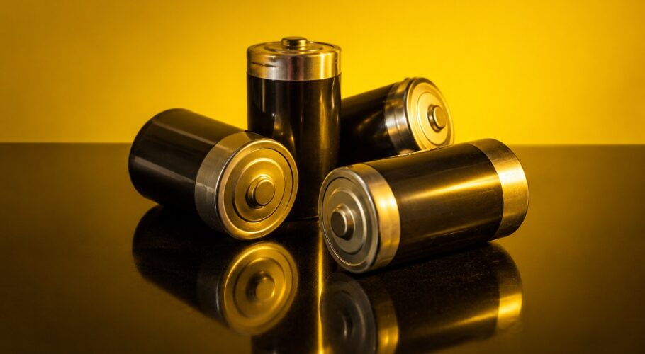 A pile of size C batteries on a glossy black surface under yellow light