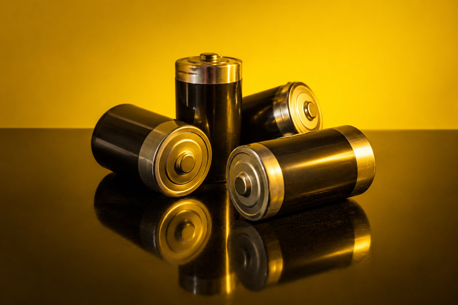 A pile of size C batteries on a glossy black surface under yellow light