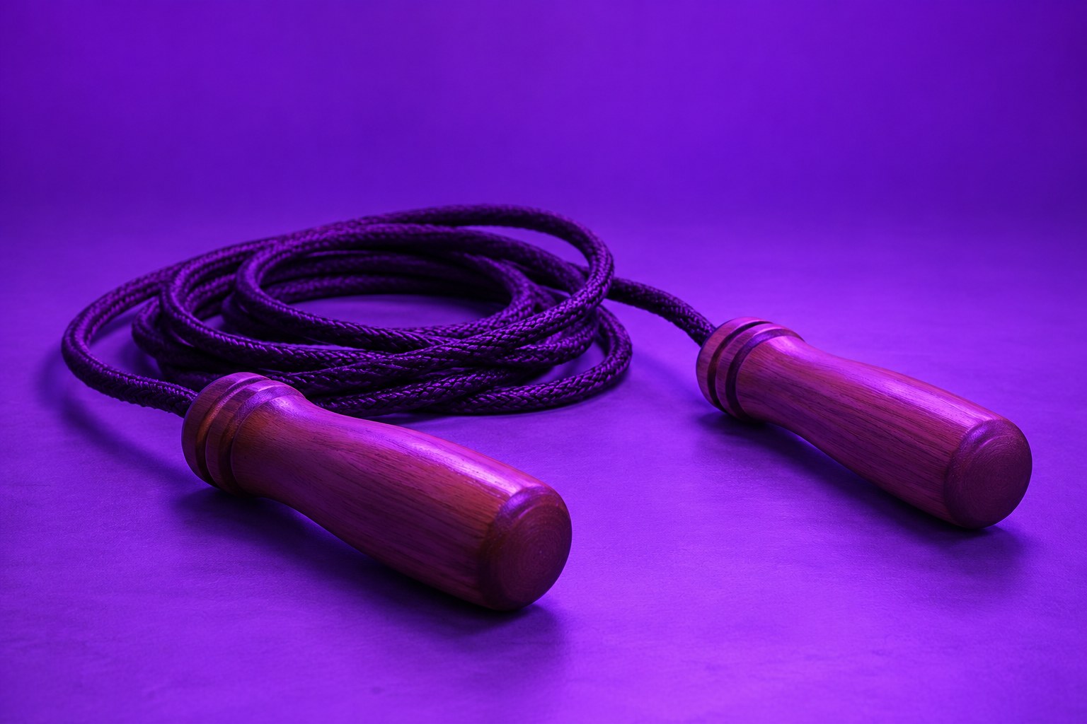 A coiled skipping rope with wooden handles