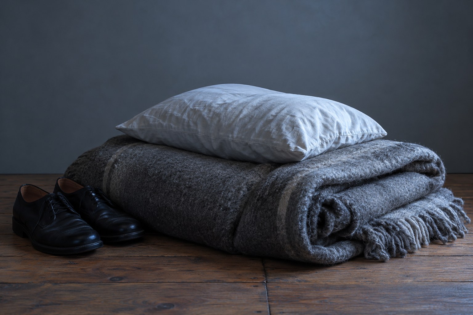 Rolled blankets and a pillow on a wooden floor, studio photograph in the style of 1999 Sydney