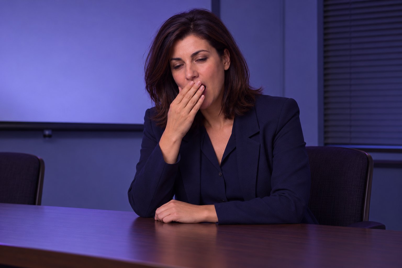 A young woman in a navy blazer covers a yawn in a dim 1990s office meeting room with a pulled-down screen.